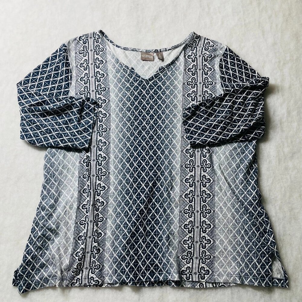 Chico's Womens Black V-Neck 3/4 Sleeve Geometric Studded Blouse Top Size 3 US XL